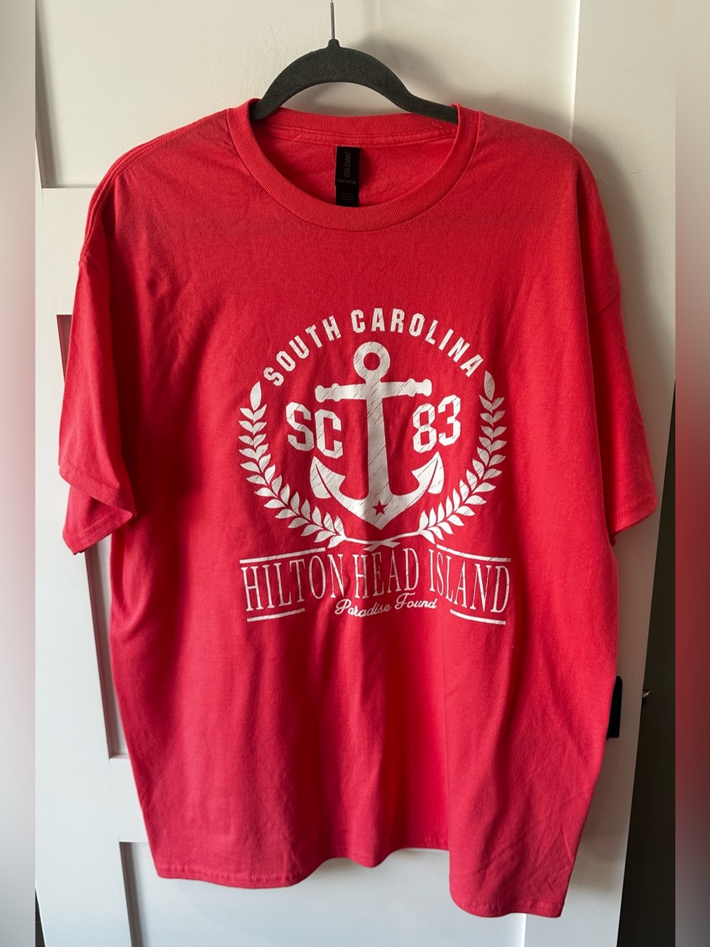 Gildan Cotton T Shirt Hilton Head SC Size XL  Coral Pink Anchor Design Soft Read